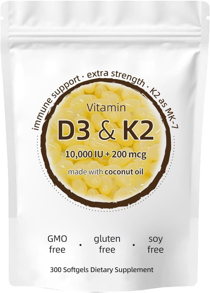 Vitamin D3 K2 Supplement, 10000 IE D3 + 200 MCG K2, 300 Softgels, Non-GMO, Gluten-Free