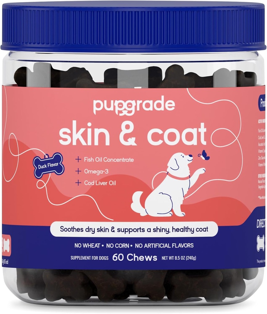 PupGrade Skin & Coat Soft Chew Supplement för hundar - Stöder hälsosam hud, kappa och immunfunktion - Rik i naturlig fiskolja, Omega fettsyror och vitaminer - 60 Mjuka Chews