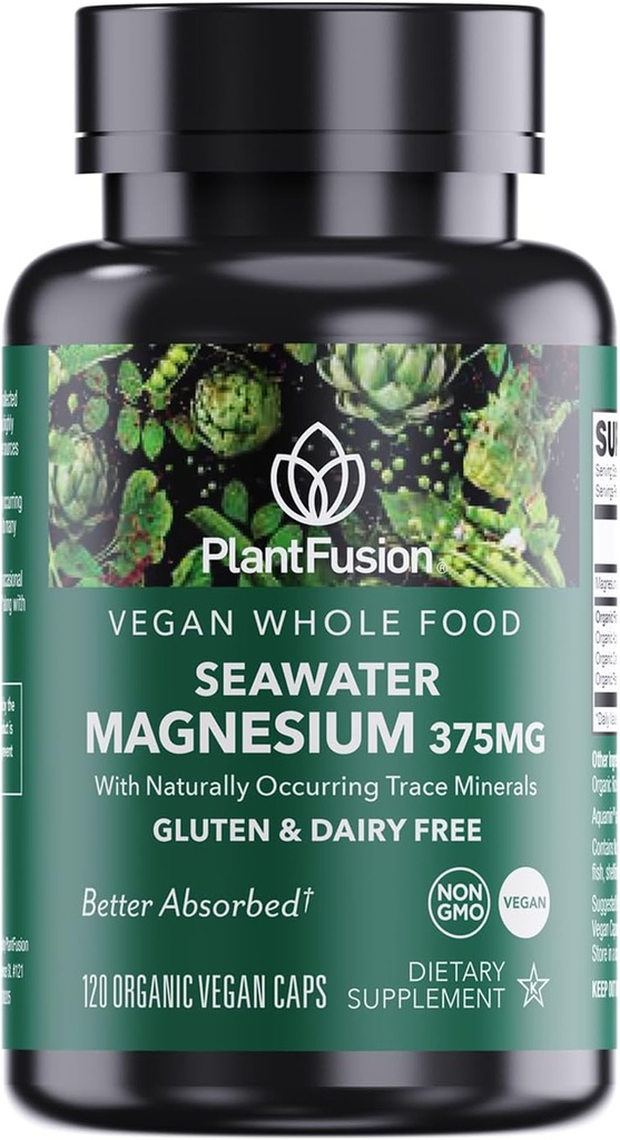 PlantFusion Vegan Magnesium Complex 375 mg merivedestä, Biosabletable Marine Magnesium Fermented Organic Whole Food Blend, ei-GMO, lihasten ja rentoutumisen tuki, 120 Cap