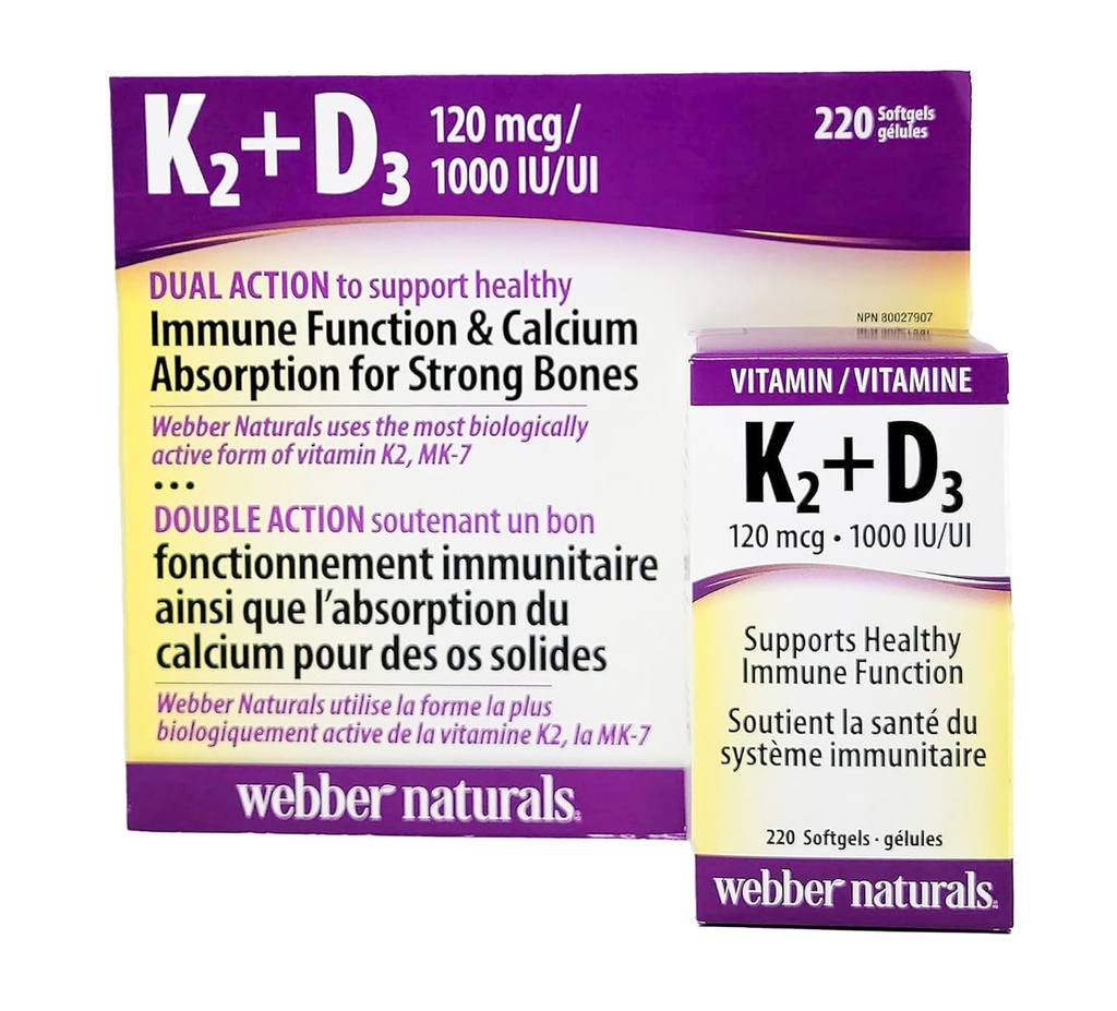 Webber Naturals K2 + D3 120 mcg/1000 IE stöder hälsosam immunfunktion - 220 mjukgels