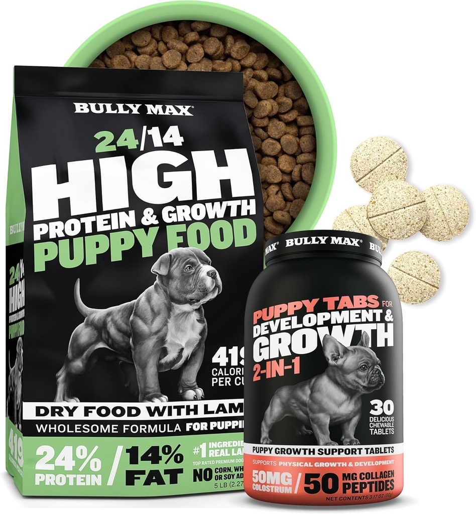 Bully Max 24/14 High Protein Pentu Ruoka (5lbs.) ja pentu vitamiinit (30 pureskeltavat välilehdet) kehityksen ja kasvun Bundle . Lihas-, immuuni-, luu- ja ruoansulatustuki pienille ja suurille koiranpennuille