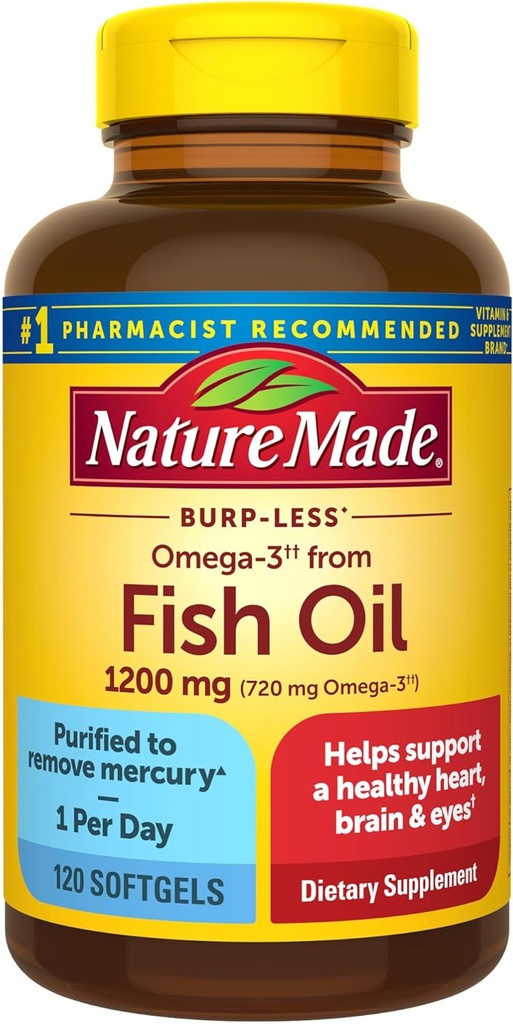Nature Made Burp Vähemmän Omega 3 Fish Oil Lisäravinteet, 1200mg, EPA DHA Omega 3 täydentää Etyyli Esters, Fish Oil Softgels for Terve sydän, aivot ja silmät tuki, Yksi per päivä, 120 Softgels