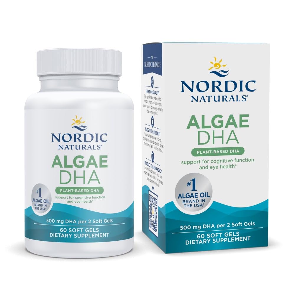 Nordic Naturals Algae DHA - 60 Soft Gels - 500 mg Omega-3 DHA - Certified Vegan Algae Oil - Plant-Based DHA - aivot, silmät ja hermosto tuki - ei-GMO - 30 Servings