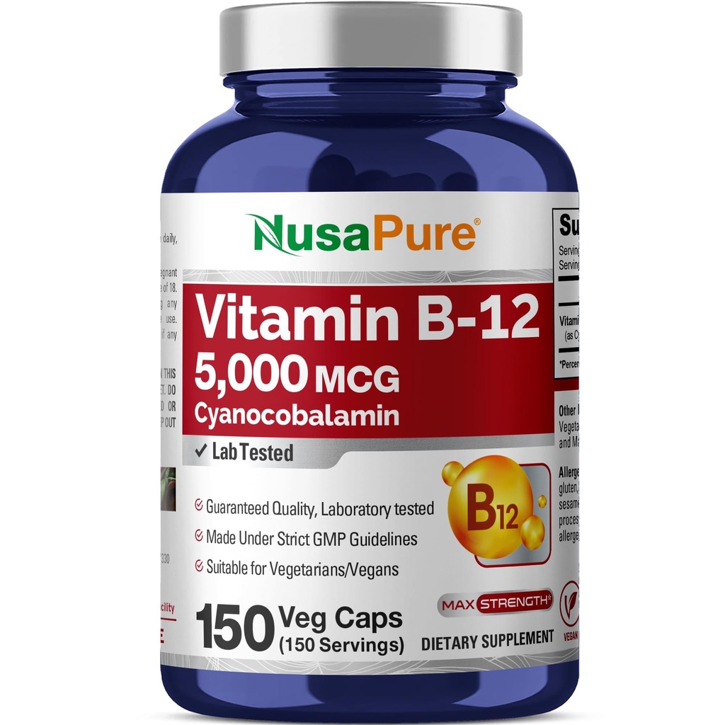 NusaPure-vitamiini B12-5000 MCG 150 Kasviskapselit (ei-GMO, Vegan) - Max Vahvuus B12