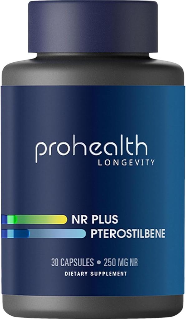 ProHealth NR + Pterostilbene. Främjar Longevity, Energy och Healthy Aging. Skyddar hjärta + hjärnhälsa. Stöder Cellular Repair. 250mg Niagen Nicotinamide Riboside + 40mg Pterostilbene, 30 Caps