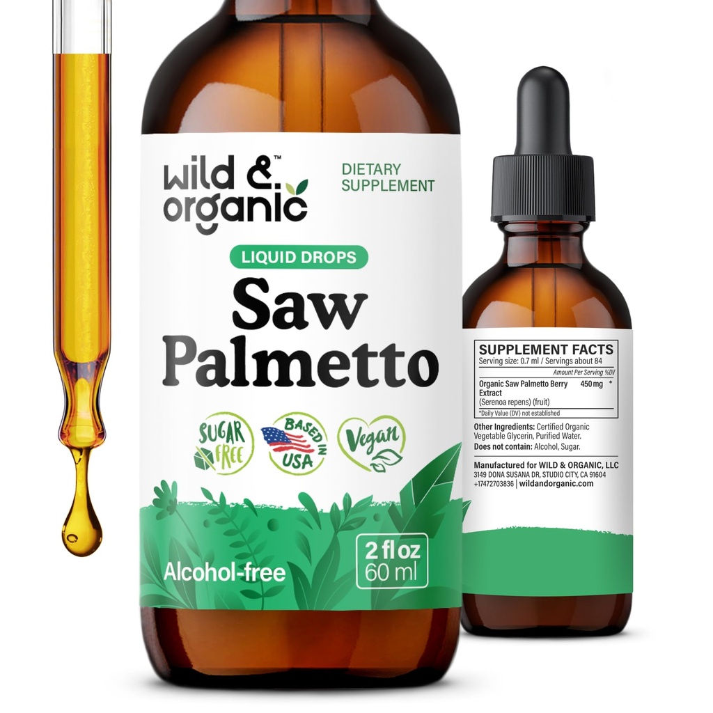 Wild & Organic Saw Palmetto Extract Drops - Urinary Support - Saw Palmetto för män och kvinnor - Liquid Serenoa Repens Berries Supplement - Vegan, Sugar & Alkoholfri - 2 fl oz