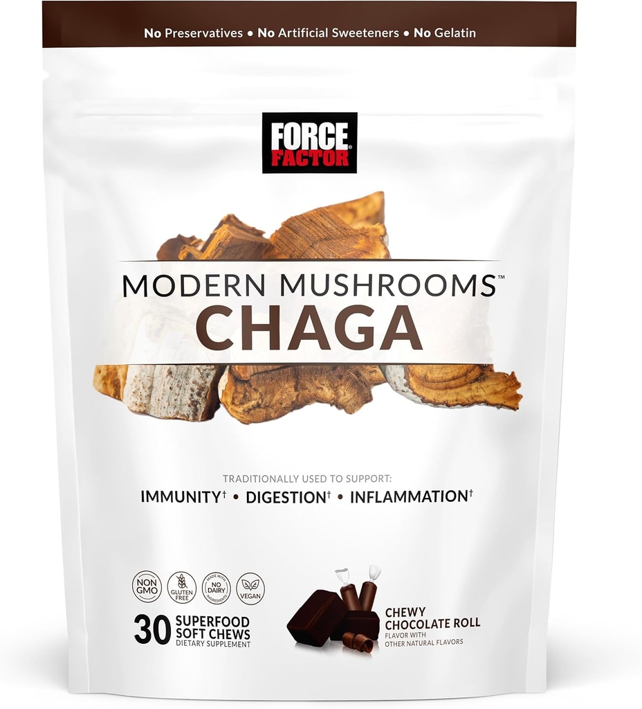 FORCE FACTOR Modernit sienet pehmeät purut, Chaga sieniä täydentää tukea immuniteetti, digestio, & Gut Health, antioksidantteja täydentää, herkullinen Chewy Chewy Roll Flavor, 30 pehmeät purut