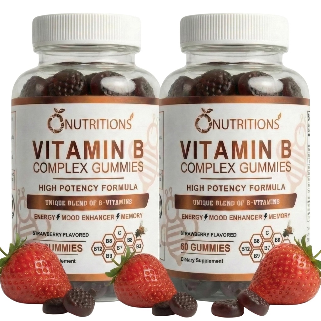 O NUTRITIONS B-vitamiini Complex Vegan Gummies kanssa B12-vitamiinia, B7 kuin Biotiini, B6, B3 kuin Niacin, B5, B6, B8, B9 kuin Folaatti stressiä, energiaa ja tervettä immuunijärjestelmää (2 pakkaus)