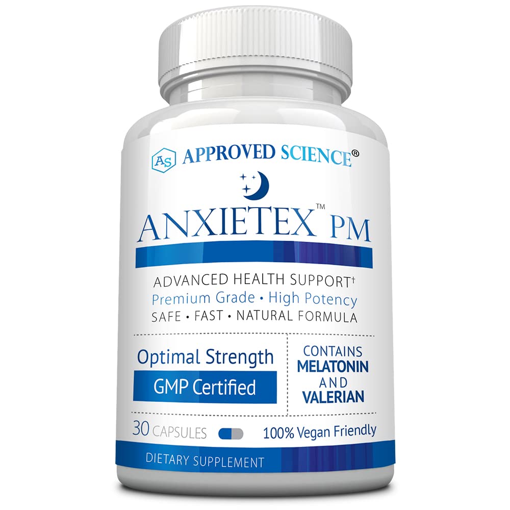 Godkänd Science Anxietex Night - Ease Worry och Discontent, Sleep Well - Valerian, Passion Flower, Chamomile - 30 kapslar - Vegan Supplement - Tillverkad i USA