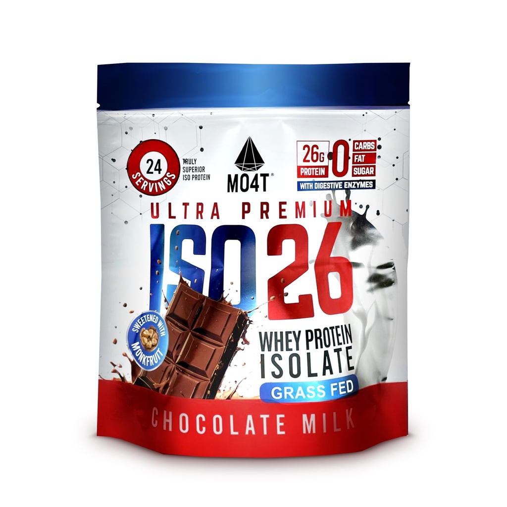 ISO26 Grass Fed Whey Protein Isolat utan konstgjorda sötningsmedel. Naturligt sötad med Monk Fruit, 1,6 pund, 24 portioner, chokladmjölk.