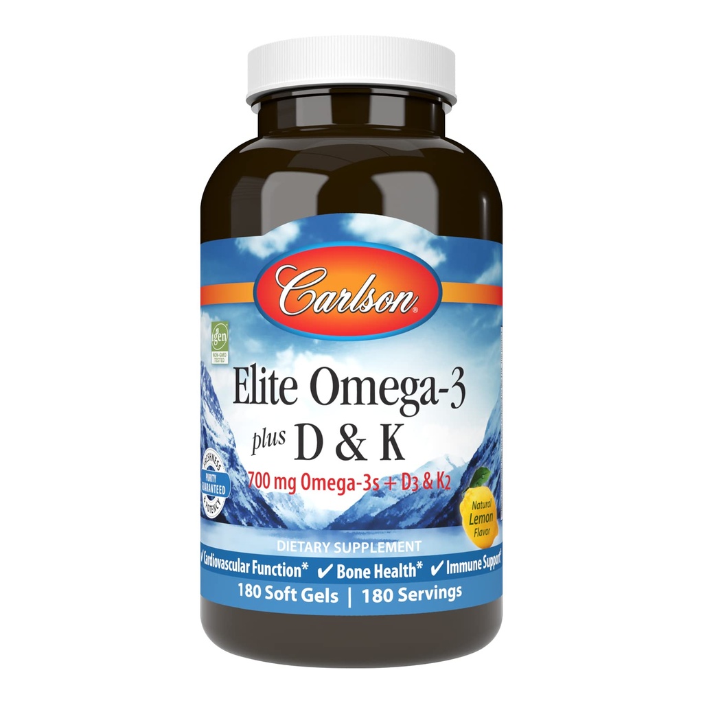 Carlson - Elite Omega-3 Plus D & K, 700 mg Omega-3s + D3 & K2, Function, Bone Health & Immuno Support, Lemon, 180 Softgels