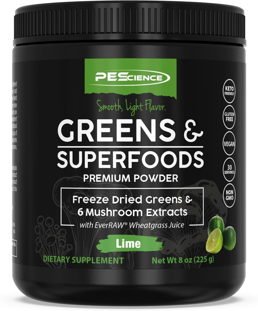PEScience Greens Powder Superfood with Natural klorofylli, Reishi & Turkey Tail Mushroom Powders, Freeze-Dried Kale, Pinaatti, Parsakaalit Sprouts, Lime Flavor, 30 tarjoilua