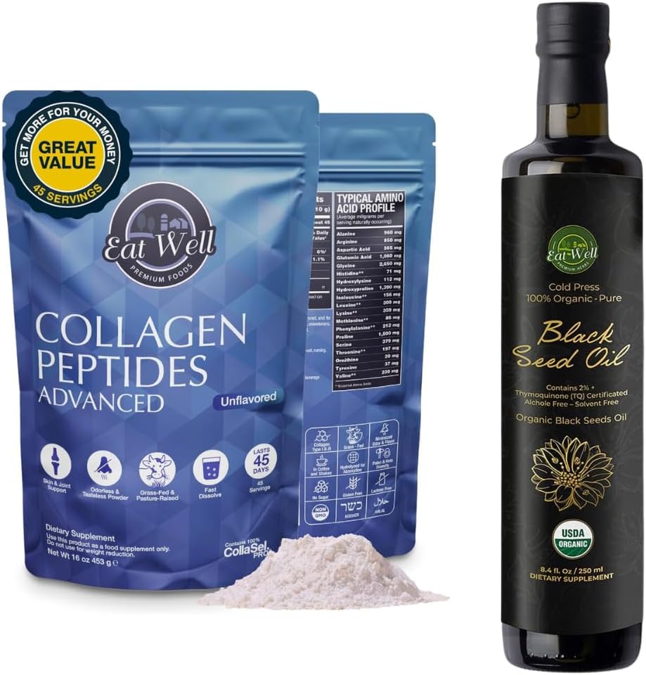 EAT WELL PREMIUM ELINTARVIKKEET Collagen Peptides Powder Protein 45 Tarjoukset, 16oz & USDA Organic Black Seed Oil 8,4 FL oz Pullo