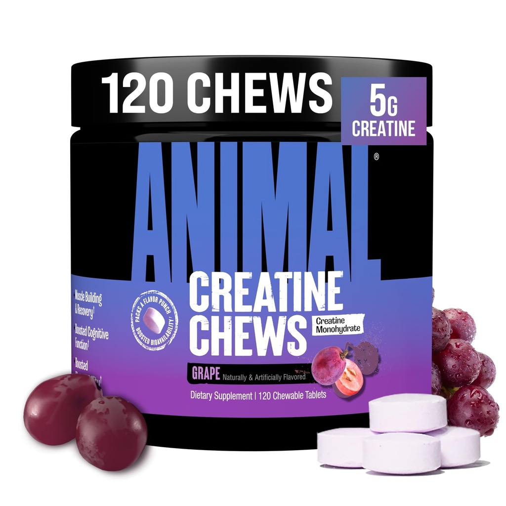 Animal Creatine Chews Tablets - Förbättrad kreatinmonohydrat med AstraGin för att förbättra Absorption, Sea Salt för extrapumpar, utsökta och bekväma tabletter - Grape