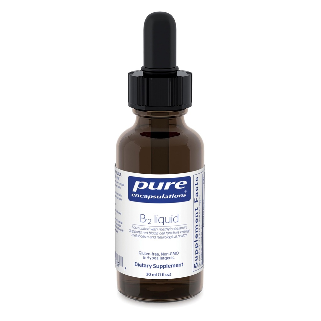 Puhtaat Capsulations B12 Liquid ... 1000 mikrog B12-vitamiinia (Metyylicobalamiini) Täydennys Nervesien, immuuniterveyden, energian ja kognitiivisen toiminnan tukemiseen* 1 fl. oz.