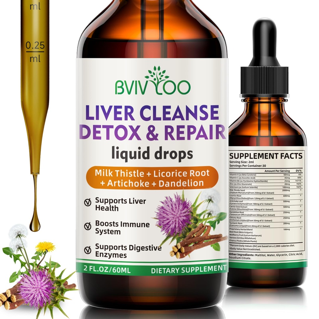 Liver Cleanse Detox & Repair Liquid Drops - 2000mg Milk Thistle, Dandelion Root, Artichoke, Silymarin Extract, & Turmeric Herbs - Vegan, Non-GMO - 2 Fl Oz (60ml) flaska