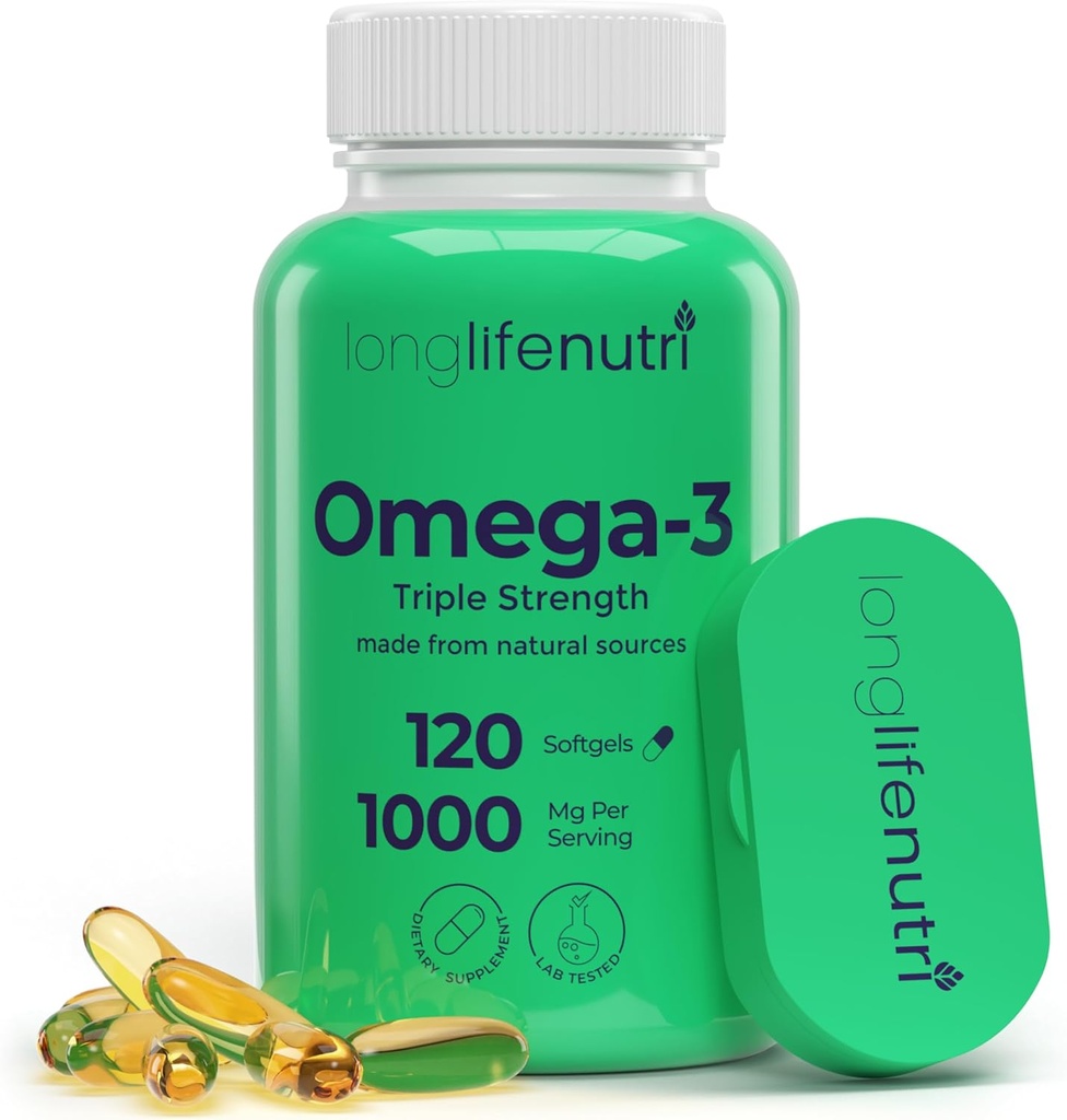 Omega 3 Fish Oil 1000mg - med High EPA & DHA, 120 Softgels, Fatty Acids Supplement för kognitiv funktion, från lax, 4-månaders leverans, GMP Certified, Made in USA