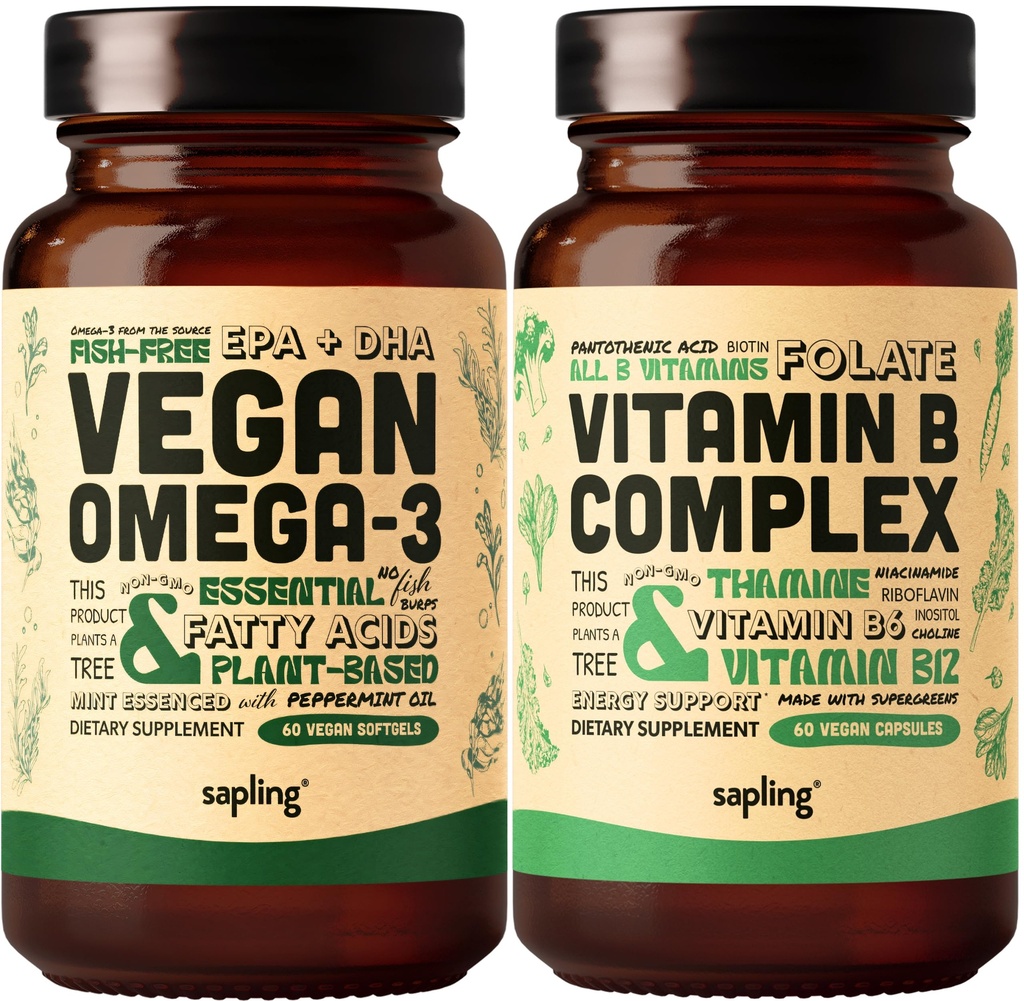 Vegaani Omega 3 & Vegaani B-vitamiini Kompleksibundle - Kasvi-DHA & EPA rasvahapot, Essential B-vitamiinit koko ruokasekoitus, B1, B2, B3, B5, B6, B7, Folaatti