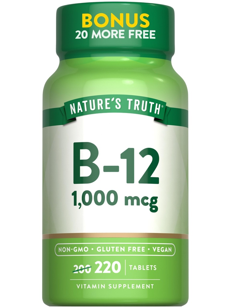 Naturens sannings vitamin B12 tabletter | 1000 mcg | 220 greve | Vegan, icke-GMO & Gluten fri tillägg