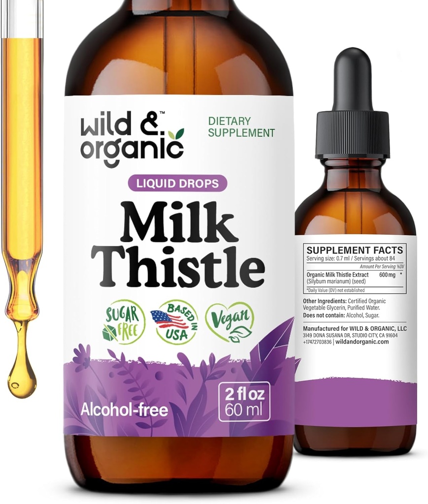 Wild & Organic Milk Thistle Extract Drops - Liver Cleanse Support - Milk Thistle Liver Detox Tincture - Silymarin täydennysosa - Silybum Marianum siemenet - Vegaani, sokeri ja alkoholiton - 2 fl oz