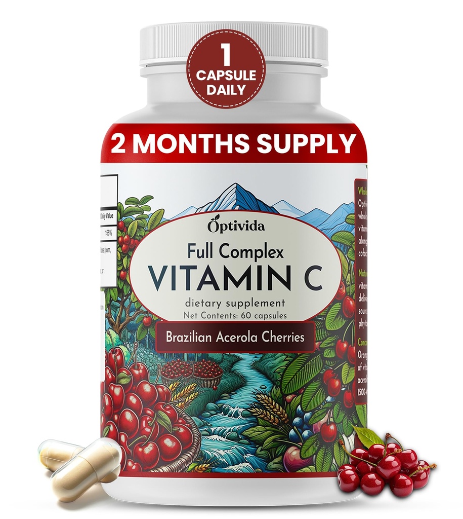OPTIVIDA Plant Based Natural Acerola kirsikka C-vitamiinin kapselit ... 60 Count C-vitamiinia...