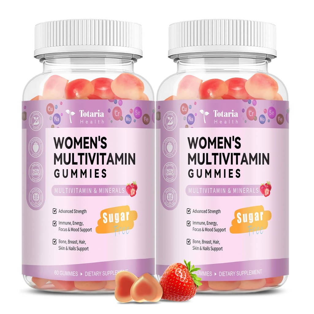 Totaria Sugar Free Multivitamiini Gummies for Women 14+ w/inositoli, Silitysrauta, Folaatti, Biotiini, Naisten Päivittäinen Multivitamiini Gummy w/vitamin A, D, C, B, Tuki hiukset, iho, energia, Immuuni, Mansikka Flavor
