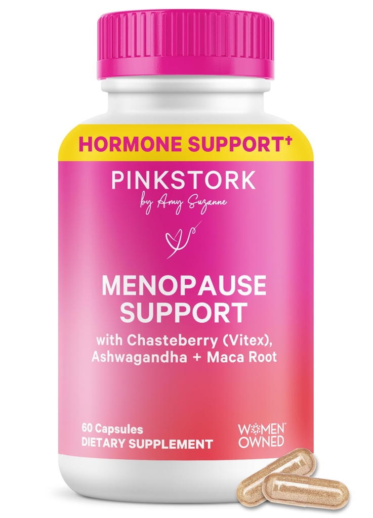 Pink Stork Vaihdevuodet Tuki naisille - Hot Flash, Mieliala, Uni, Paino, Kortisoli & Hormonaalitasapaino - Vegaani, Estrogeenivapaa perimenopaussi Relief - Ashwagandha, Maca - 60 kapselia