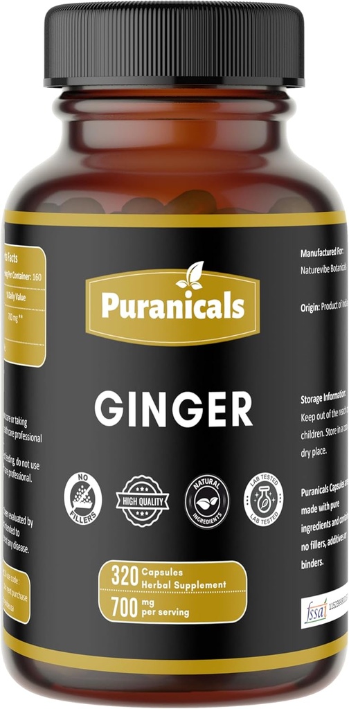 Ginger Premium 320 kapslar Non GMO och Gluten Free | Herbal Supplement | 700 mg Per Servering | Tillverkad med 100% Pure Ginger Root Powder