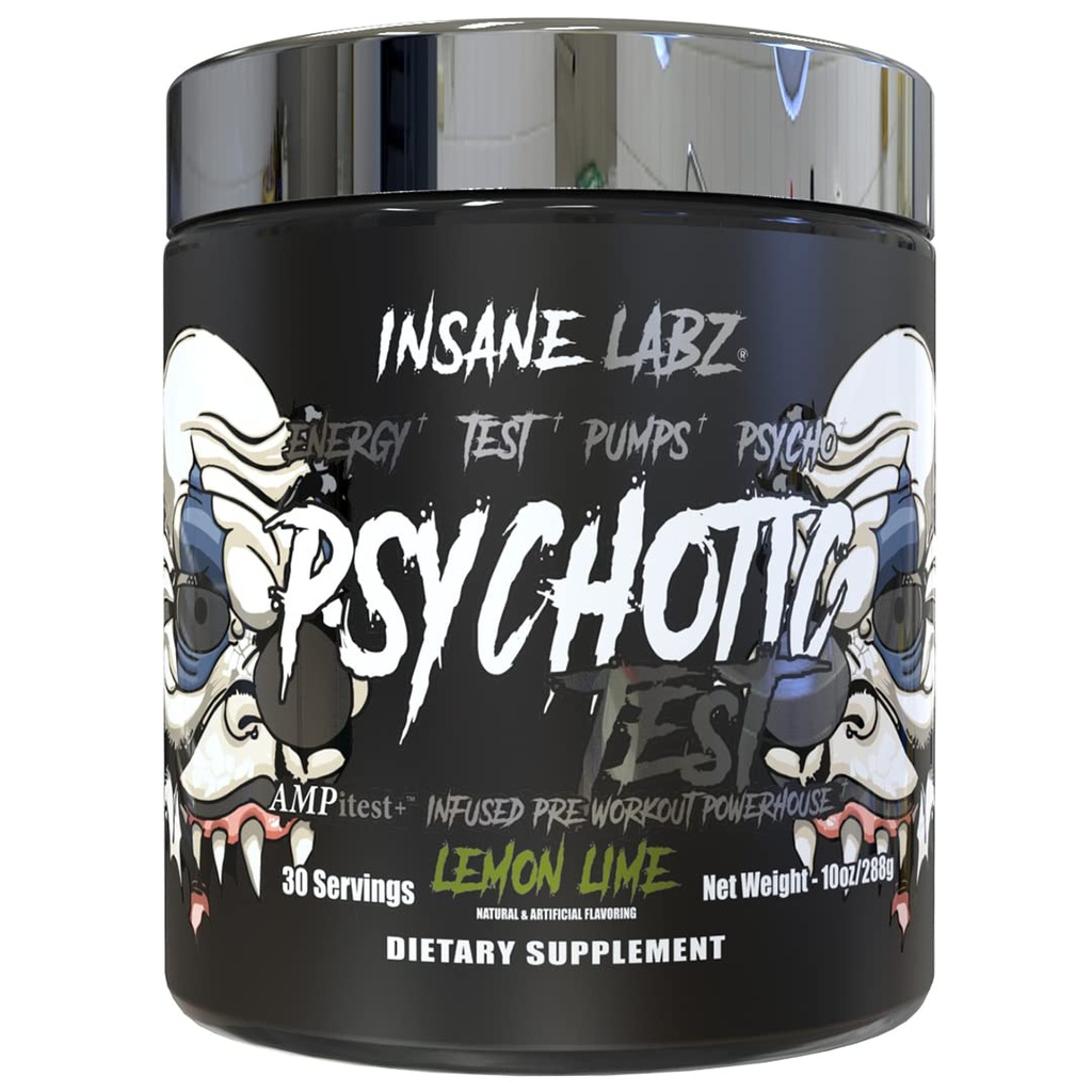 Insane Labz Psykoottinen testi, High Stim Testosteroni Energia ja Pump Boosting Pre-Workout Powder DMAE Bitartrate, D Aspartic Acid, Creatiini HCL ja Glyseroli Monostearaatti, 30 tarjoiluja, sitruunan limetti