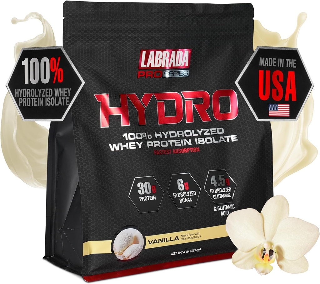 LABRADA Hydro 100% Pure Hydrolysed Whey Protein Isolate Powder, Laktoositon, Glutamiini, Nopein Digesting Whey Saatavana, Instant Mixing, Delicious Maku 48 Tarjoukset 4lb (Vanilla)