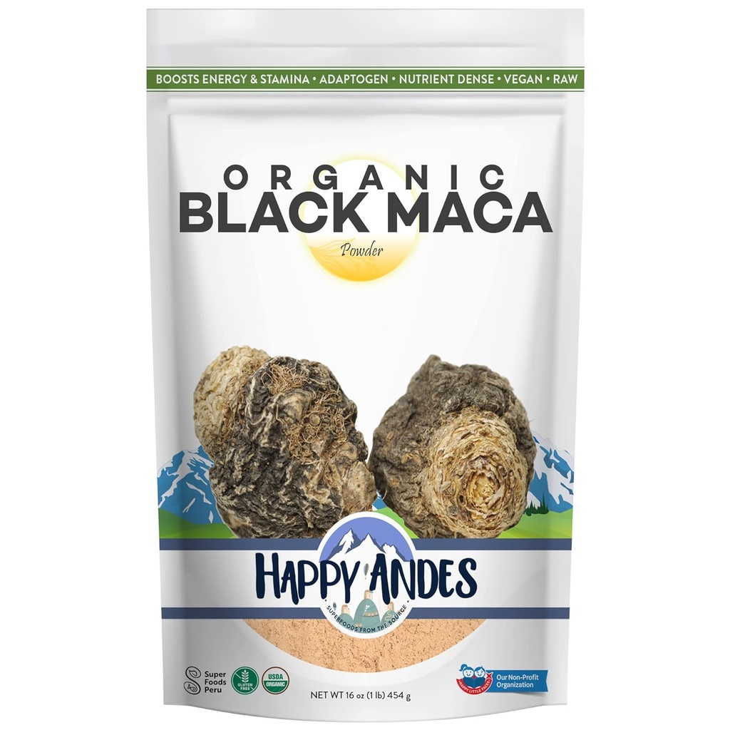 Happy Andes Organic Black Pure & Raw Maca Root Powder non-GMO, USDA for Energy & Fitness, Performance & Mood for Men & Women, Gluteeniton, Perun Superfood, sininen, 16 oz