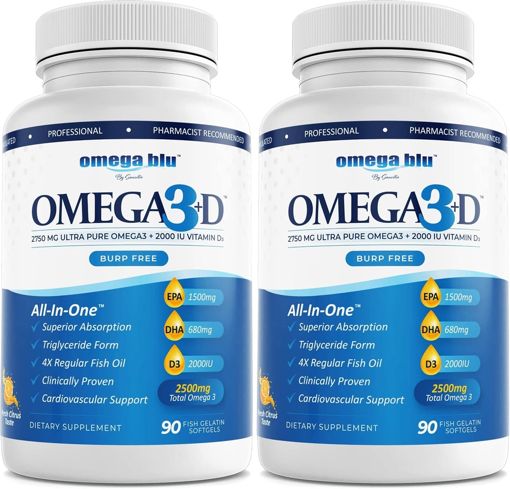 Triple Strength Pharmaceutical Grade Fish Oil 2750mg - Vitamin D3 50mcg - 1500mg EPA - 680mg DHA - Hjärta - Kolesterol - LDL - HDL - No Burps eller Heartburn - Hög koncentration - 90 portioner