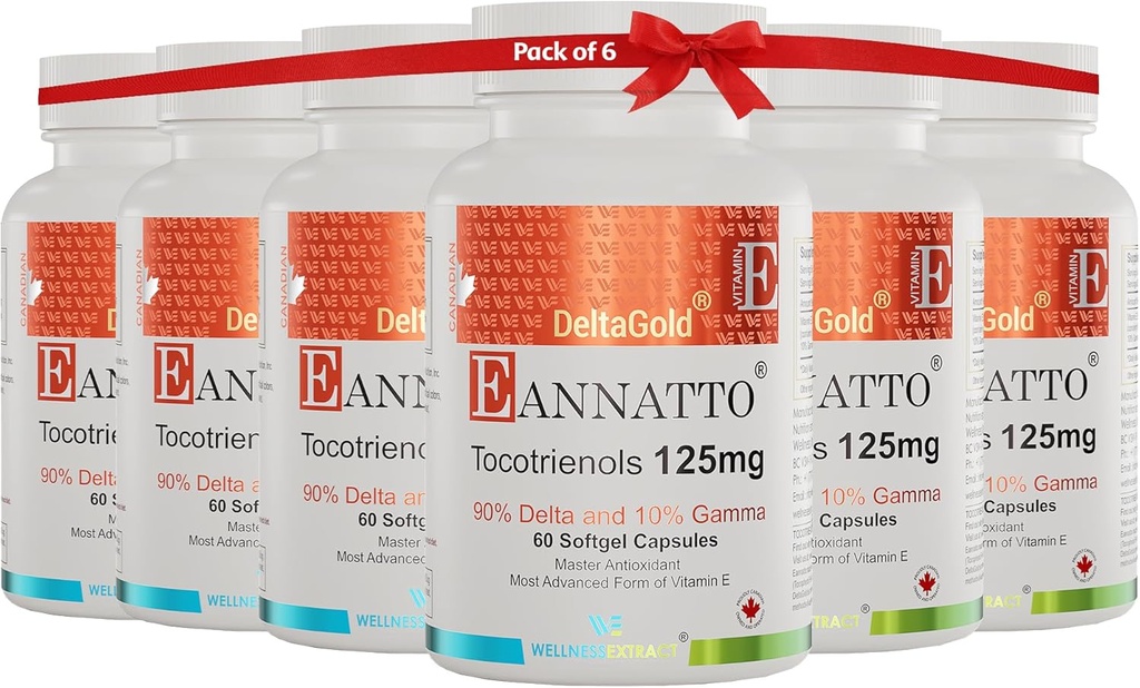WELLNESS EXTRACT Eannatto Tokotrienoles Deltagold 125 mg, E-vitamiinitokotrienolit lisäravinteet 60 Softgel, Tokoferoli vapaa, ei-muuntogeeniset, gluteeniton ja antioksidantti (Pack of 6)