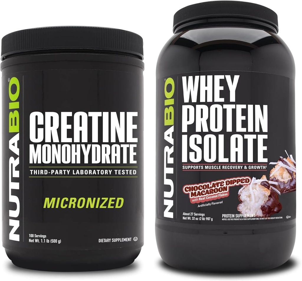 NutraBio Creatiini Monohydraatti, Maukas, 500g ja Whey Protein Isolate, Chocolate Dipped Macaroon, täydennysosa Bundle - Lihasenergia, Lean lihasten kasvu, Recovery, ja vahvuus