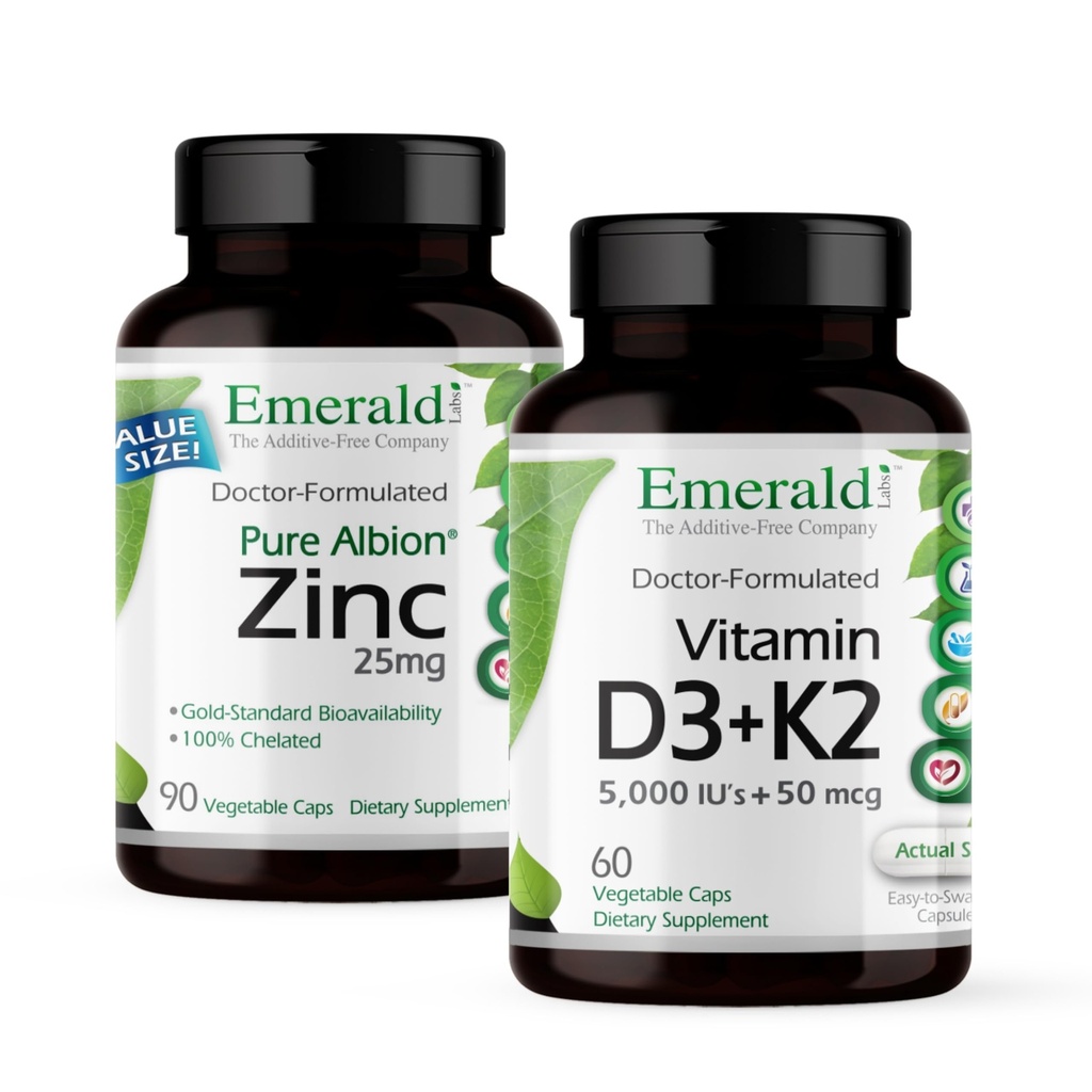 EMERALD LABS Vitamin D3 + K2 (60 Caps) & Zink 25mg (90 Caps) - Bone Health, Heart Support, Immune Support, Digestive Health, Oxidative Stress Support - Gluten-Free