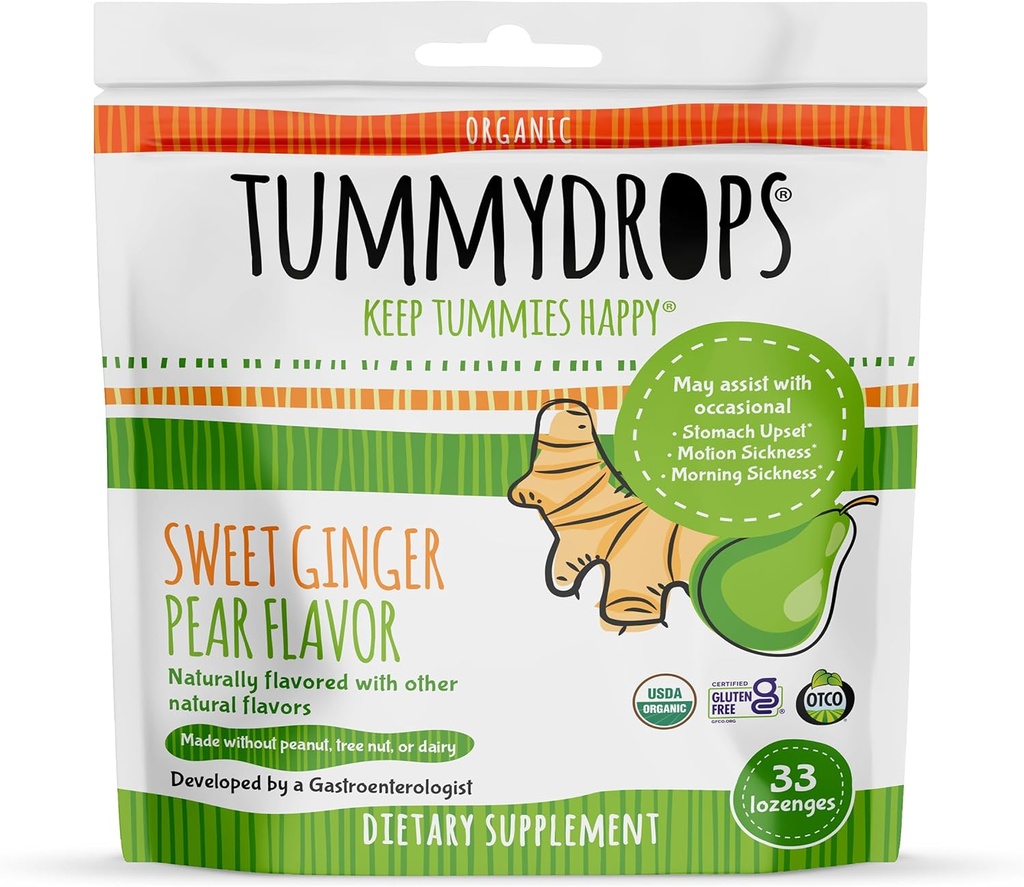 USDA Organic Sweet Ginger Pear Tummydrops, Gluteeniton & Vegan. 33 Yksittäin kääritty Organic Ginger Lozenges Resealable Bag.