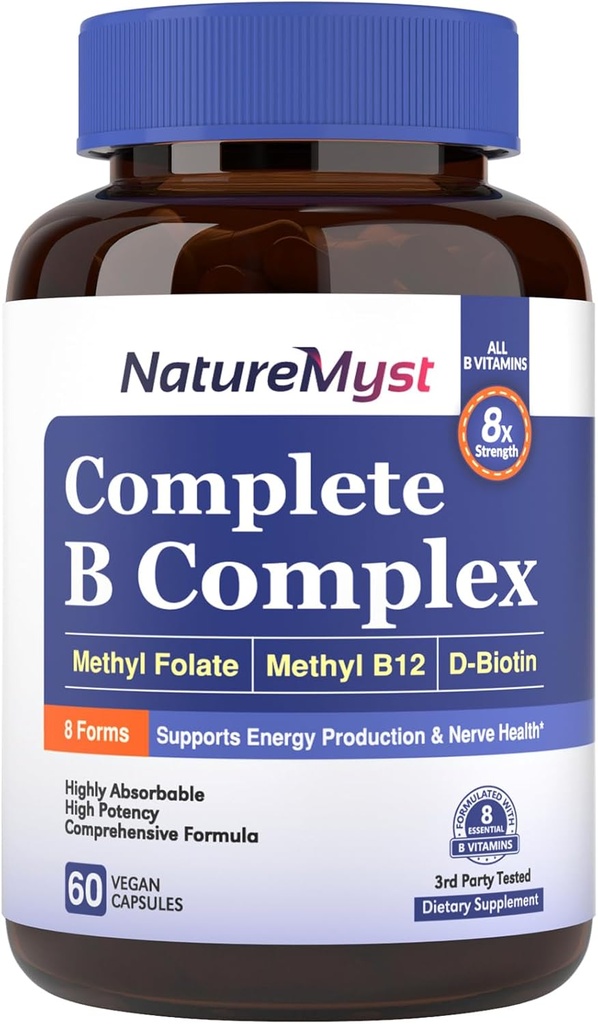 Täydellinen B-kompleksi, kaikki 8 B-vitamiinit, Metyyli B12, Metyylifosaatti, Biotiini, P-5-P, Erittäin imeytyvä, energiantuotanto, 60 Vegaanikapselia