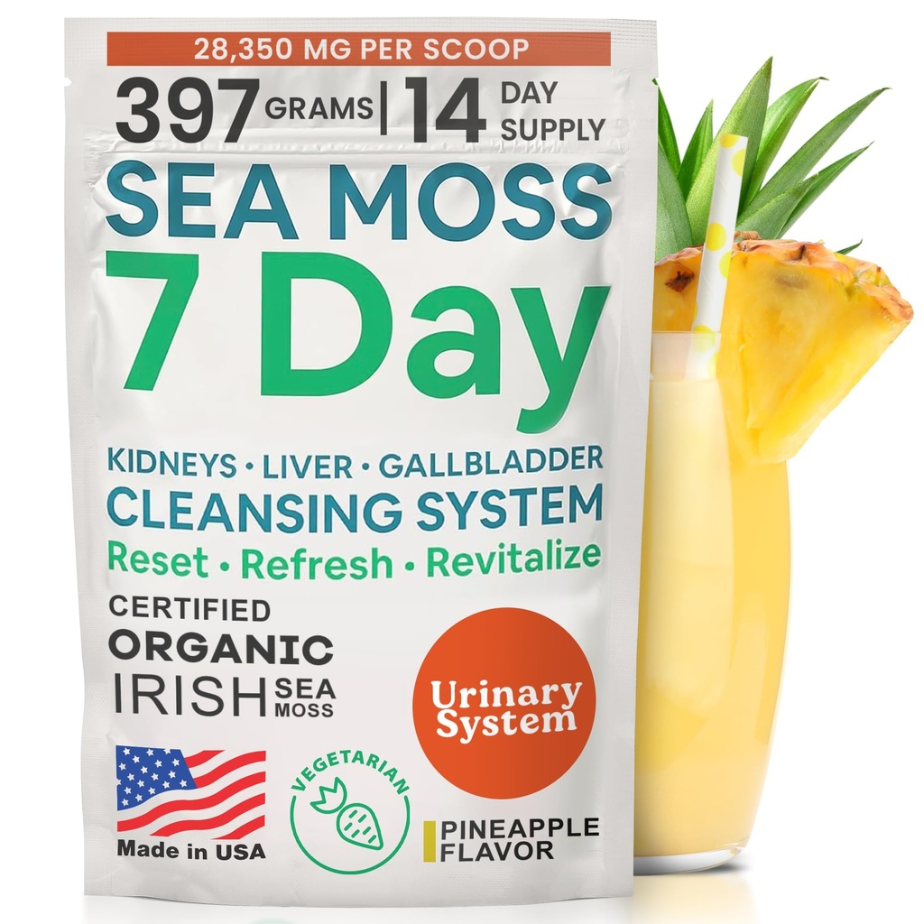 Atlantic Naturals Sea Moss 7 Day Detox Liver, Gallbladder & Kidney Cleanse - Stöd med Dandelion Root, Milk Thistle, Burdock Root, Red Clover, Chanca Piedra - Pineapple Flavor Drink Mix (14 oz)