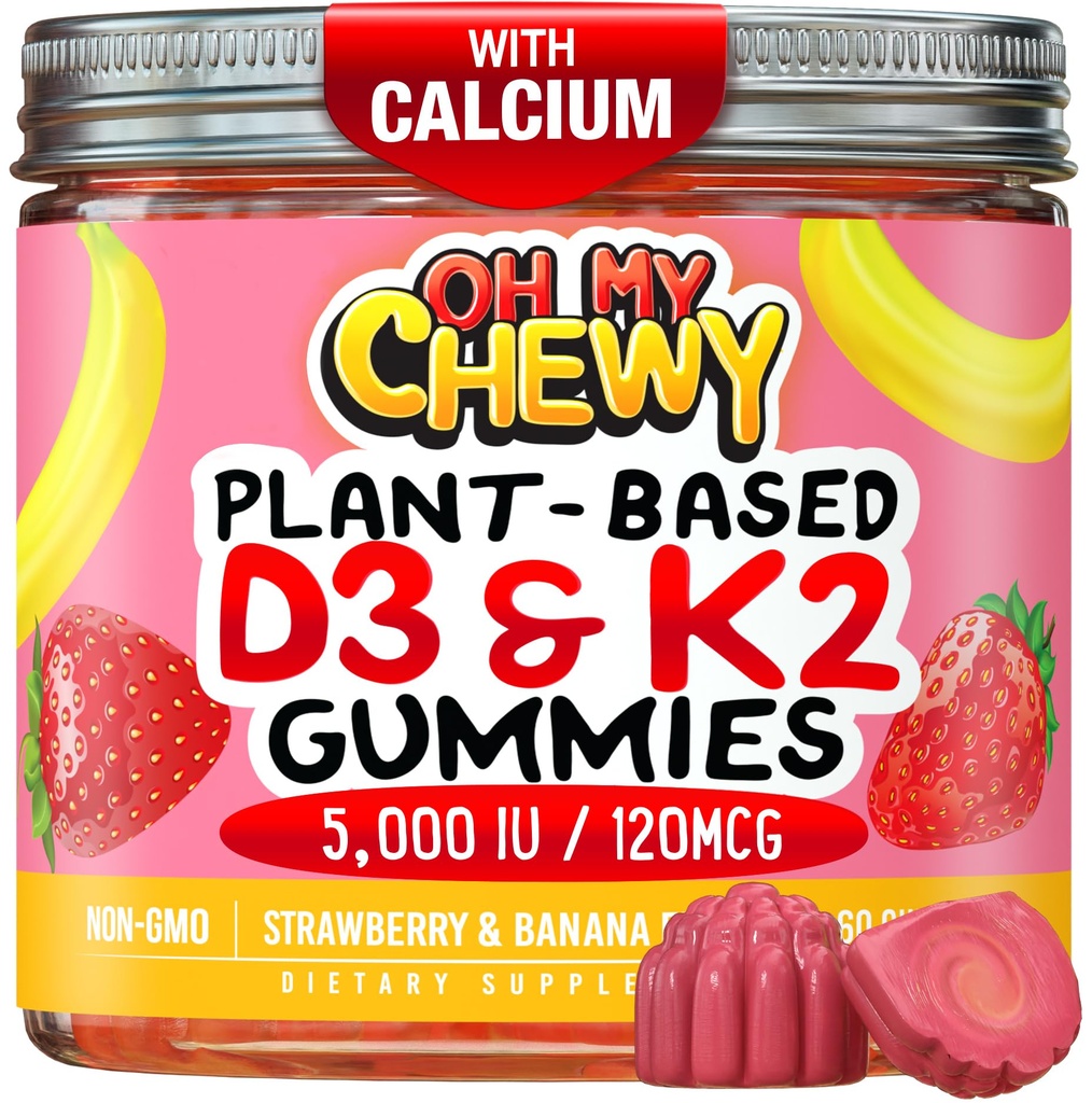 Center-Filled D3-vitamiinia K2 Gummies - Lapset, Teini-ikäiset & aikuiset - Supplement for Healthy hampaiden, luun, energian ja immuniteetin - 5000 IU D3, 120 mikrog K2(MK-7), 120 mg kalsium - Vegan & non-GMO - 120