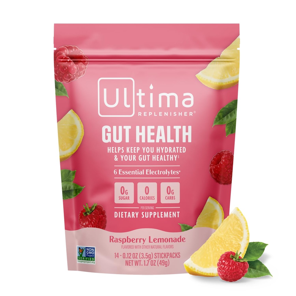 Ultima Replenisher Gut Health Supplement ja Electrolytes Powder - Vadelma sitruunamehua, 14 Sticks - Hydration Packets lisätyt Gut terveysedut
