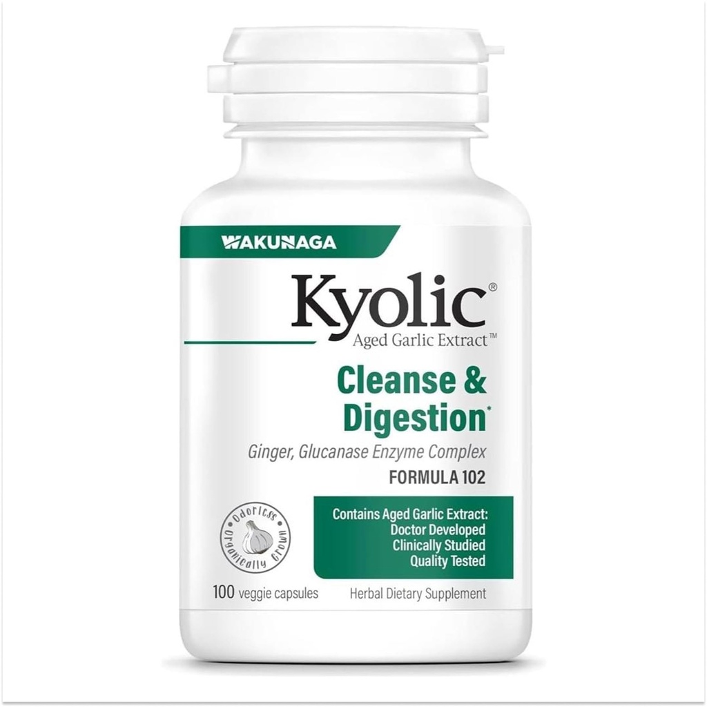Kyolic Aged valkosipuliuute Formula 102, Cleanse & Digestion, Inkivääri ja Enzyme Complex, 100 kapselia