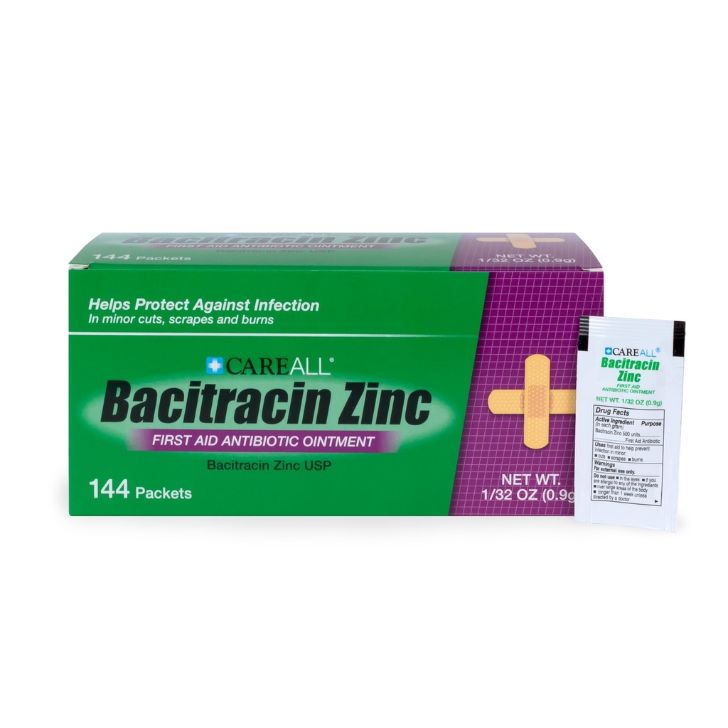 CareAll Bacitracin Antibiotisk Zink salva (144 Pack), 0,9gr Foil Packet. Första hjälpen salva som förhindrar infektioner för mindre skär, skrapor och burns