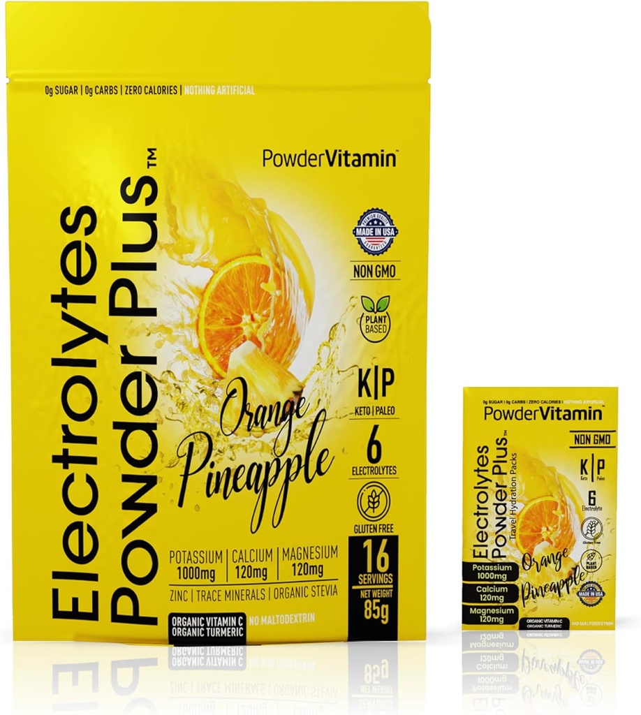 PowderVitamin Electrolytes Powder Plus, Keto, Orange Ananas, Sokeriton, Vaaleanpunainen Himalajan Salt, 1000 mg Kalium, 120 mg Kalsium, 120 mg Magnesium, muu kuin GMO, nollakalorit, (16 Hydraation Packets)