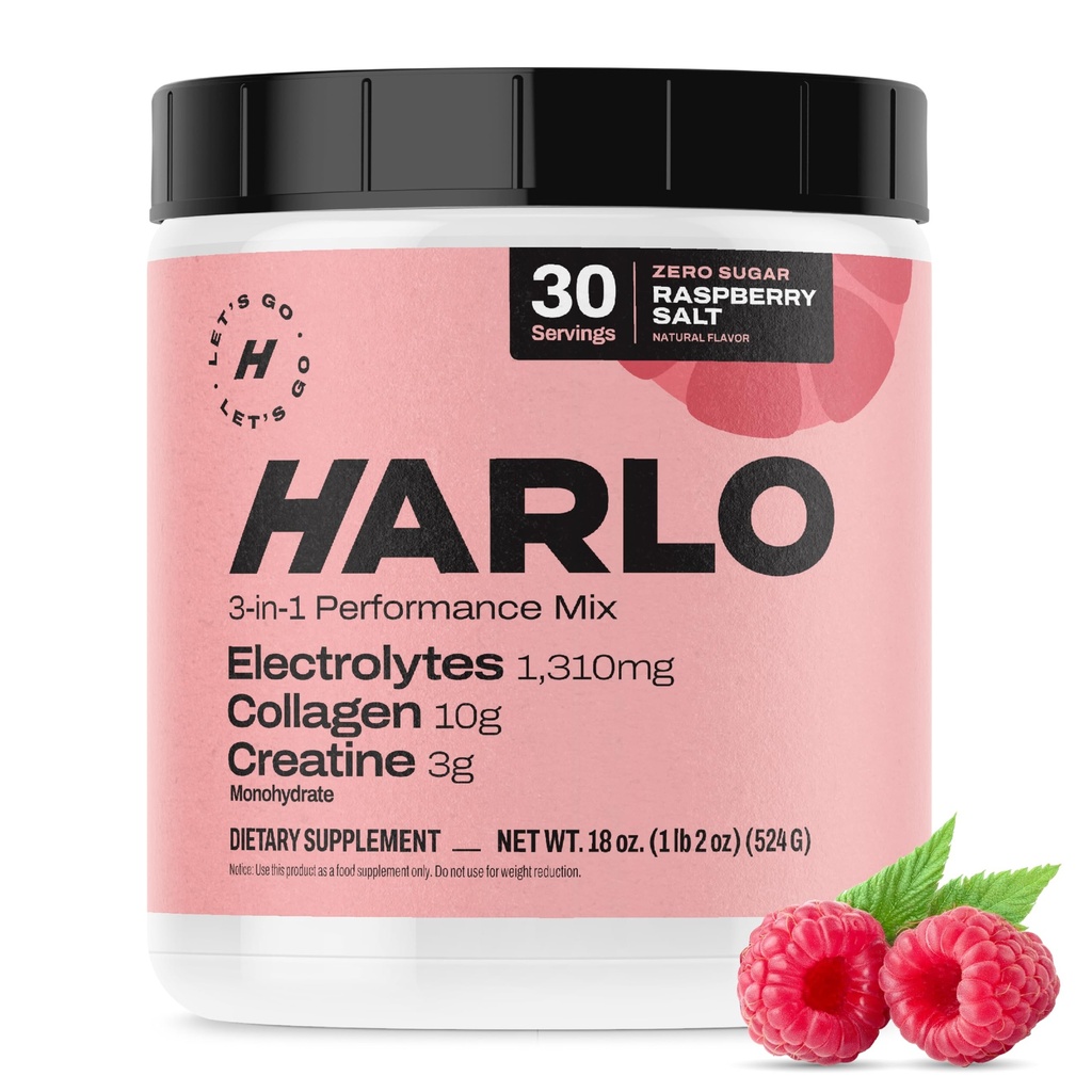 Harlo - Vadelma suola Elektrolyytti juoma Mix naudan Collagen & Creatiini- Creatiini Monohydraatti Powder - Energy Drink Powder - Esitreenaus jauhe - Sokerin ilmainen energiajuomat - Post Treout Recovery