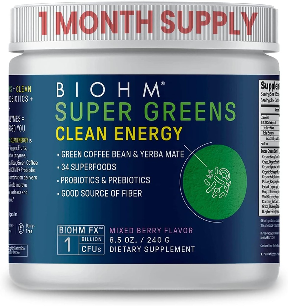 BIOHM Super Greens Clean Energy, Green Superfood Powder (8,5 Oz, 30 Servings) Tukee Gut Health & Cognition, 34 Natural Fruit, Vihannes & yrttiuutteet prebiootit, Probiootit & Enzymes