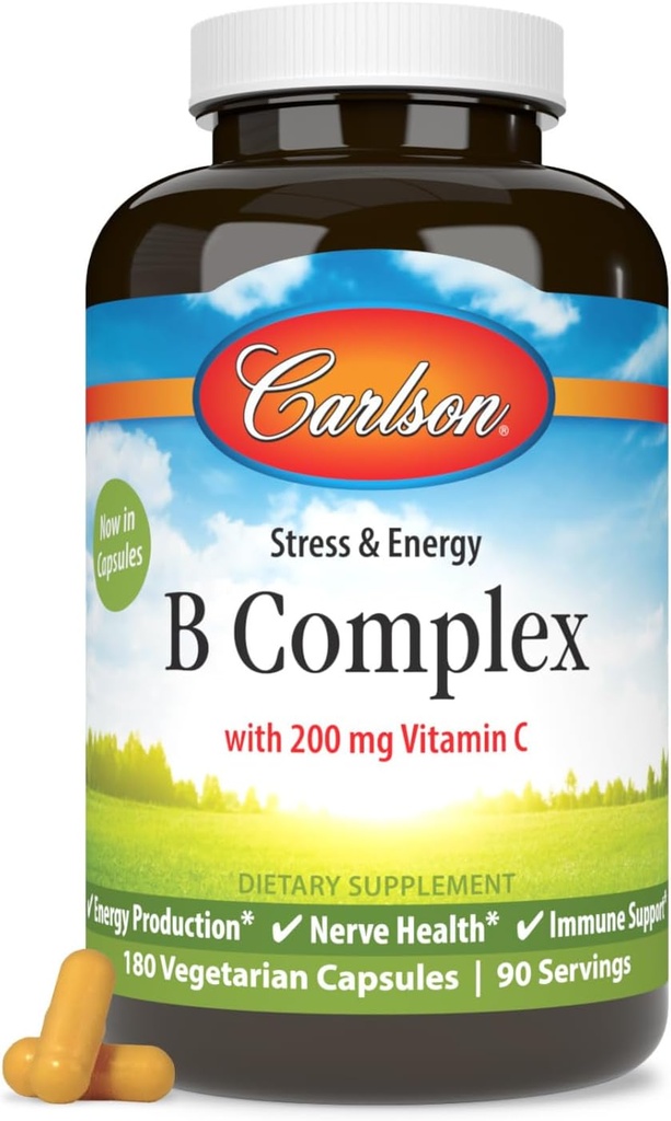 Carlson - B Complex Balanced B-vitamiinit C-vitamiini - Stressi, energia ja immuuni B-vitamiini Complex naisille ja miehille - 180 kasvissyöjä kapselit