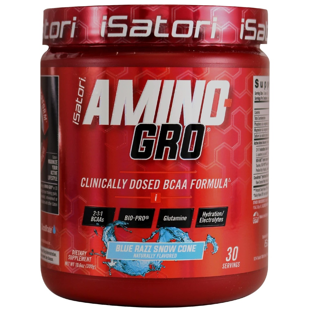 iSatori Amino- GRO BCAA Powder, haaraketjuiset Aminohapot glutamiinilla, Elektrolyyttijauhe & Bio-GRO Bio-Active Peptides for Muscle Growth & Post Treout Recovery, Blue Razz Snow Cone (30 Servings)