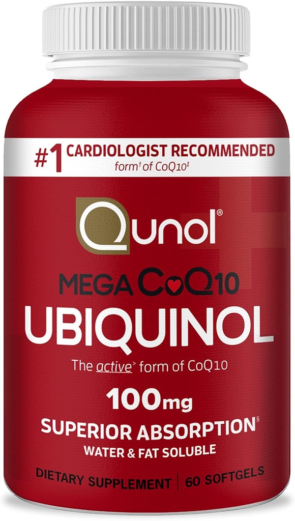 Qunol Ubiquinol CoQ10 100mg Softgels, Mega Ubiquinol 100mg - Superior Absorption - Aktiv form av Coenzyme Q10 för hjärthälsa och hälsosamt blodtrycksnivåer - 2 månaders leverans - 60 Count