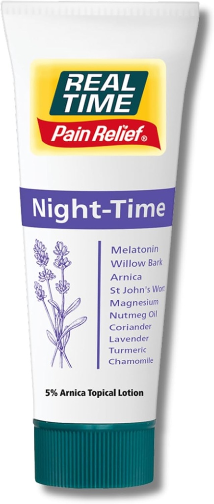 Real Time Pain Relief Night Time Cream 4oz Tube - 22 Natural Ingredients: 5% Arnica, Melatonin & Lavender - Aids Sleep & Eases Discomfort nivelissä, lihaksissa, hermoissa, selkä särkyjä, mustelmia & kehon jänne