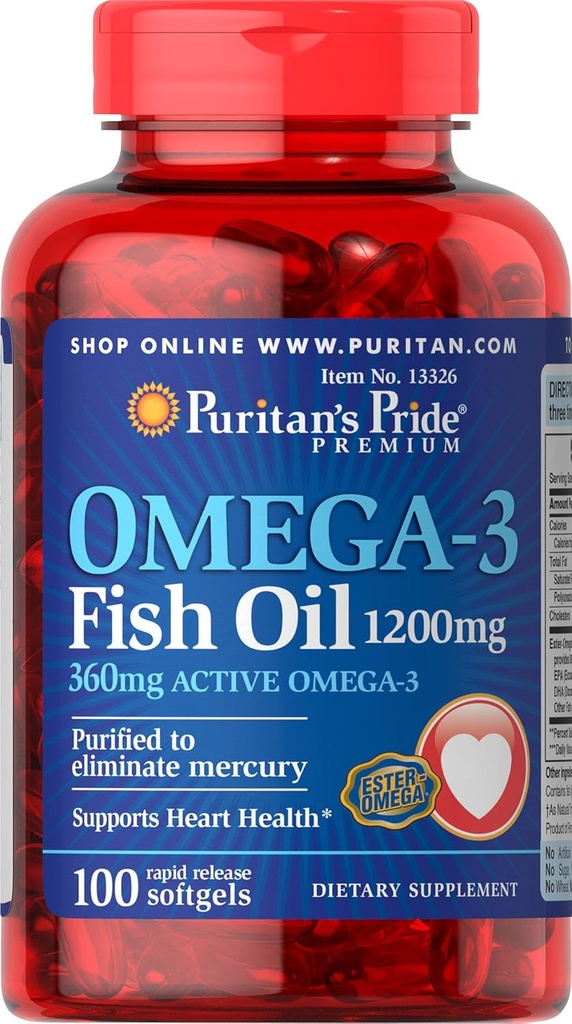 Puritans Pride Omega-3 Fiskolja 1200 mg (360 mg aktiv Omega-3) - 100 Softgels